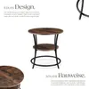 A two-tiered round side table with a wood-look top and shelves and a black metal frame, shown against a white background with descriptive text. Produktbild-Vorschau