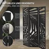 A black, three-panel room divider with a decorative leaf pattern is shown in a room setting. Close-up insets highlight the wood grain, the pattern, and the hinges. Náhled obrázku produktu