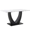 A rectangular dining table with a white marble top and a black U-shaped base, set against a plain white background. Produktbild-Vorschau