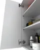 A close-up view of an open white bathroom cabinet, showing shelves with rolled towels and toiletries. Produktbild-Vorschau