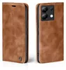 A brown leather flip case for a smartphone, shown from the front and back. Produktbild-Vorschau