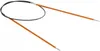 A pair of circular knitting needles with orange wooden needles and a black cable, isolated on a white background. Produktbild-Vorschau