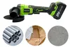 An angle grinder with three circular insets showing metal pipes, flooring materials, and concrete. Produktbild-Vorschau
