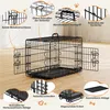 A black metal dog crate is shown with various features highlighted by text labels and close-up insets. Podgląd zdjęcia produktu