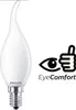 A Philips LED light bulb with a unique flame-like shape and a silver base, placed next to a graphic indicating 'EyeComfort' with a thumbs-up icon. Anteprima dell’immagine prodotto