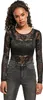 A woman is shown wearing a black lace long-sleeved bodysuit and grey jeans against a white background. Produktbild-Vorschau