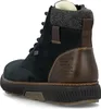 A rear view of a blue leather boot with brown accents and a gray knitted collar. Podgląd zdjęcia produktu
