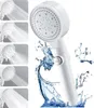 A collage of images showing a white handheld showerhead with different spray patterns, accompanied by water splashes. Produktbild-Vorschau