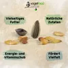A marketing image showing various bird seeds with text overlays highlighting product features. Produktbild-Vorschau