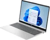 A silver HP laptop is shown from a diagonal angle, with the screen displaying the Windows 11 interface. Produktbild-Vorschau
