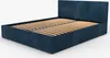 A dark blue upholstered bed frame with a slatted base, shown from a diagonal angle against a white background. Produktbild-Vorschau