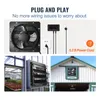 Collage of product images showing fan, power cord, installation in a greenhouse, and mounted on a building. Podgląd zdjęcia produktu