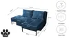 A diagram showing the dimensions of a dark blue sectional sofa, with additional icons and text describing its features. Produktbild-Vorschau