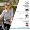 A woman is riding an e-bike outdoors, with feature callouts on the right side of the image. Produktbild-Vorschau