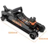 A black hydraulic floor jack with orange accents is shown on a white background. Dimensions are indicated by orange lines and text. Produktbild-Vorschau