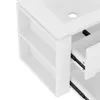 A close-up, angled view of a white bathroom vanity with open drawers and shelves. Produktbild-Vorschau