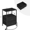 A black nightstand with two drawers and a power strip on top, shown with dimensions and a close-up of a drawer. Produktbild-Vorschau