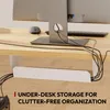 A close-up view of a desk with a computer monitor, keyboard, and mouse. A white under-desk storage unit is visible, with cables neatly managed within it. Text overlays highlight the product's features. Voir les images du produit