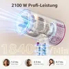 A close-up illustration of a hairdryer's internal mechanism, with air currents depicted as blue light streams. Text overlays highlight performance metrics and drying times for different hair lengths. Produktbild-Vorschau