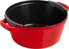 A red cast iron pot with black interior and gray handles on a white background. Produktbild-Vorschau