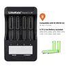 A LiitoKala Lii-500 battery charger with four battery slots and a digital display, shown alongside several green cylindrical batteries. Text on the right describes compatibility and included battery types. Produktbild-Vorschau