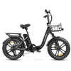 A black electric bicycle with a front basket and rear rack, shown against a white background. Produktbild-Vorschau