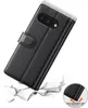 A black leather flip case for a smartphone is shown in a dynamic pose, appearing to be dropped and impacting a cracked surface, with an inset graphic showing impact absorption. Produktbild-Vorschau