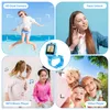 Collage of images showcasing a blue smartwatch for children, highlighting its features like HD dual camera, face unlock, MP3 music player, and video player. It also shows children using the watch in various scenarios. Produktbild-Vorschau