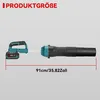 A cordless leaf blower is shown with a measurement indicating its size. Produktbild-Vorschau