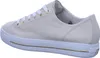 A side view of a beige leather sneaker with white laces and gold eyelets. Produktbild-Vorschau