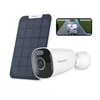 A white security camera with a solar panel and a smartphone displaying a live feed. Produktbild-Vorschau