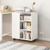 A white rolling storage cabinet with shelves and a door, placed next to a desk. The cabinet contains books and office supplies. A printer is on top of the cabinet. Náhled obrázku produktu