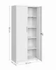 A white metal storage cabinet with two doors, one of which is open to reveal shelves, displayed against a white background with dimension labels. Náhled obrázku produktu