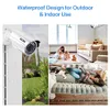 A collage showing a security camera outdoors in the rain, a family playing indoors, and a woman relaxing on a couch with a dog. Produktbild-Vorschau