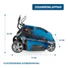A folded electric lawnmower is shown with dimensions indicated. Produktbild-Vorschau