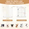 A marketing image showing two configurations of a white pet playpen with dimensions and examples of pets that can use it. Produktbild-Vorschau