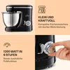 A collage of images showcasing a black kitchen mixer with its features highlighted through text and close-up shots. Produktbild-Vorschau