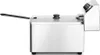A side view of a stainless steel deep fryer with a black lid handle and a black control knob. Podgląd zdjęcia produktu