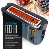 A diagram of a toaster highlighting its technical features, with images of toast in the background. Produktbild-Vorschau