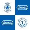 A collage of four Durex logos and marketing graphics on a blue and white background. Produktbild-Vorschau