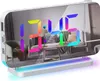 A digital alarm clock with a mirrored surface displaying colorful LED digits, placed on a stand with ambient lighting. The reflection shows a living room interior. Produktbild-Vorschau