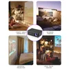 Collage of four scenes showing a projector in different settings: parent-child interaction, outdoor theater, bedroom projection, and living room theater. Produktbild-Vorschau