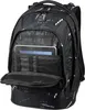 A black backpack with a geometric pattern is shown with its front pocket open, revealing an internal organizer and a tablet. The backpack is displayed against a white background. Voir les images du produit