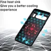 A black phone case with a hexagonal pattern is shown, with blue arrows indicating airflow for cooling and red arrows indicating heat. Produktbild-Vorschau