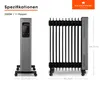 Two oil-filled radiators are shown side-by-side with dimensions indicated. The left radiator is a tall, slender model, and the right is a wider, more traditional design. Text overlays provide specifications and brand information. Náhled obrázku produktu