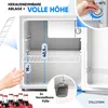 Interior view of a mini refrigerator with dimensions and features highlighted, along with a hand reaching for bottles below. Produktbild-Vorschau