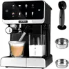 A black and silver automatic coffee machine with a glass cup of coffee and a milk carafe, along with accessories, displayed against a white background. Produktbild-Vorschau