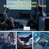 A collage of images showing a projector in different settings: a business meeting, a gaming session, an outdoor movie night, and a home theater setup. Produktbild-Vorschau