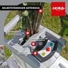 Close-up of a garden shredder with branches being fed into it, highlighting features with text overlays. Produktbild-Vorschau