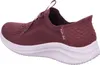 Side view of a single burgundy Skechers slip-on sneaker with a white sole, set against a white background. Voir les images du produit